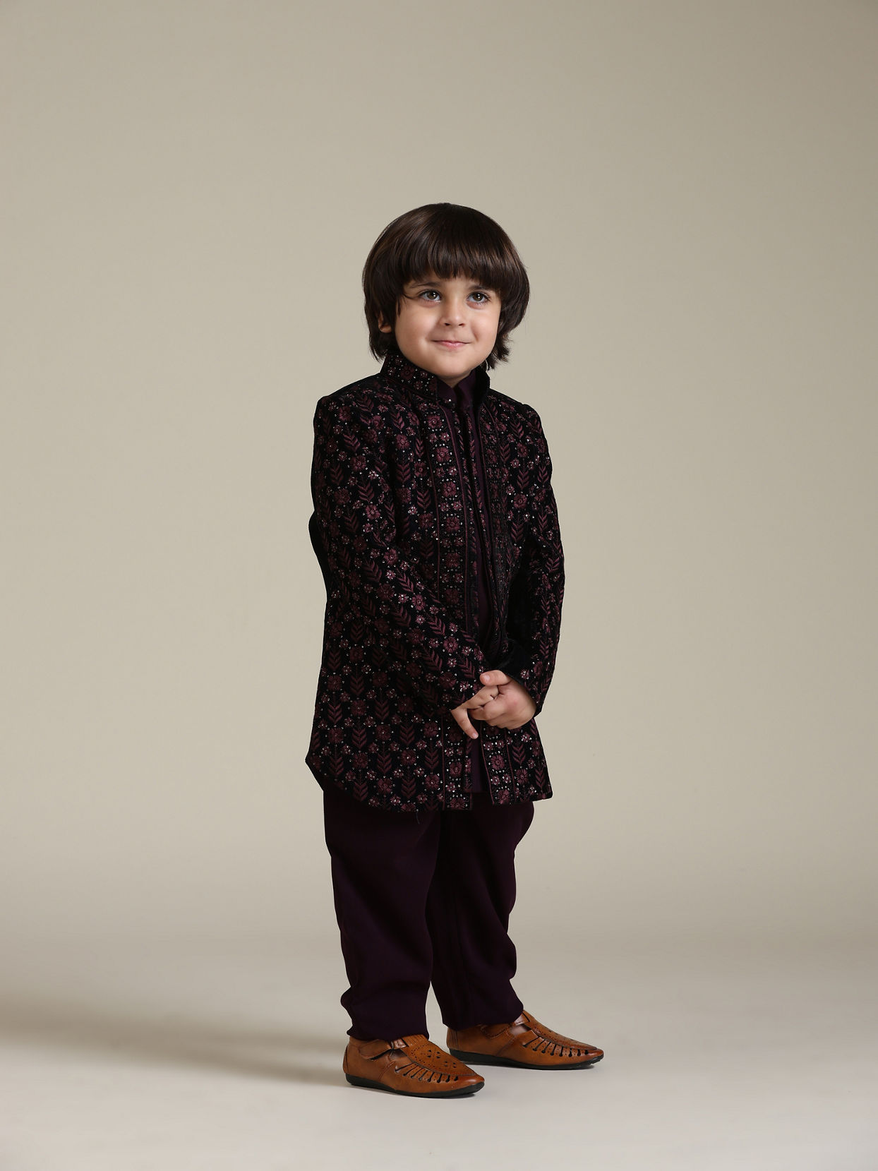 Manyavar Boys Wine Velvet Indo Western with Thread Embroidery