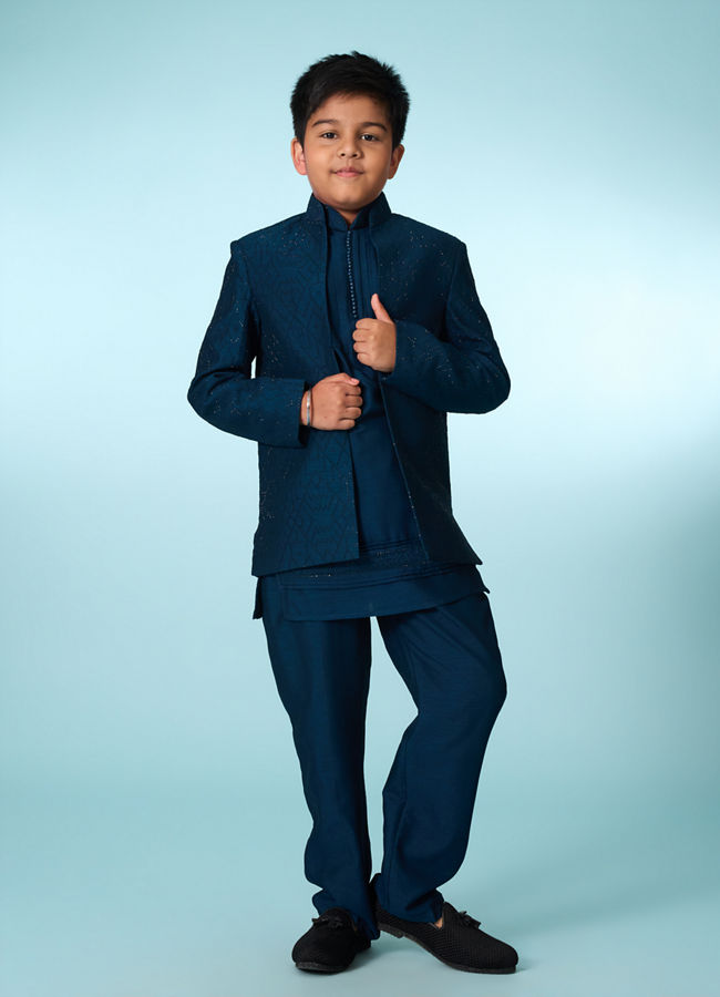Manyavar Boys Teal Blue Indo Western Ensemble
