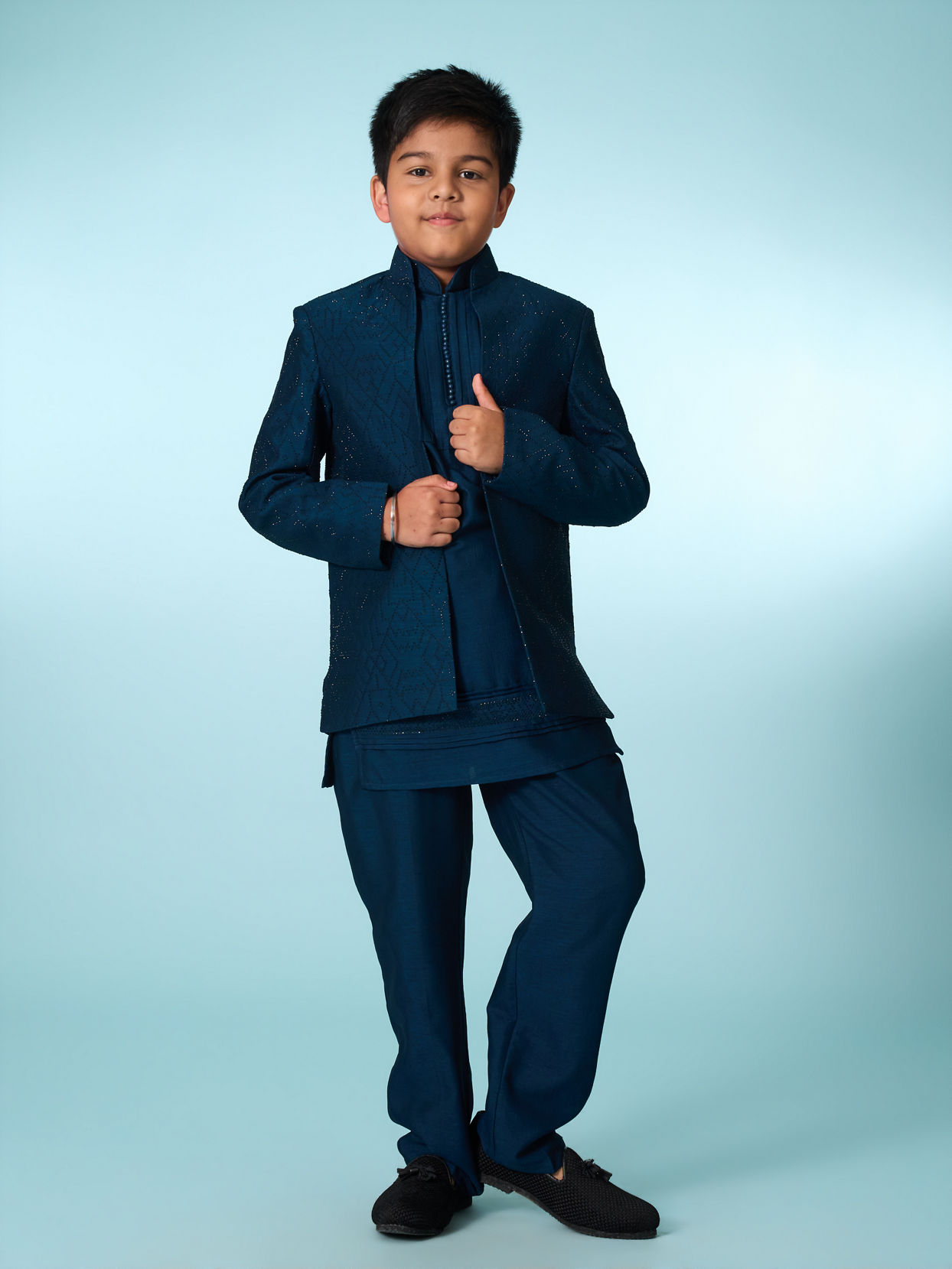 Manyavar Boys Teal Blue Indo Western Ensemble