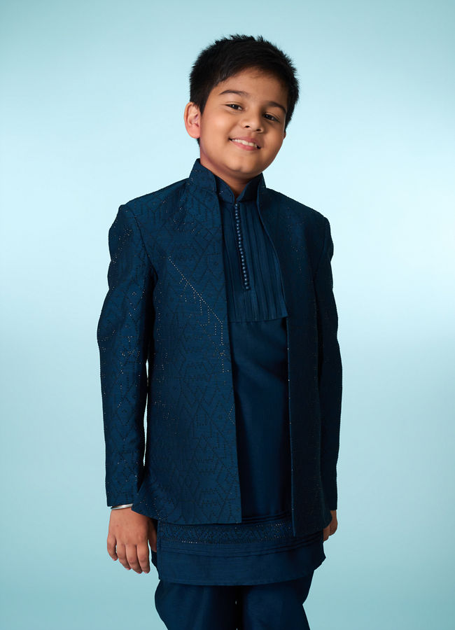 Manyavar Boys Teal Blue Indo Western Ensemble