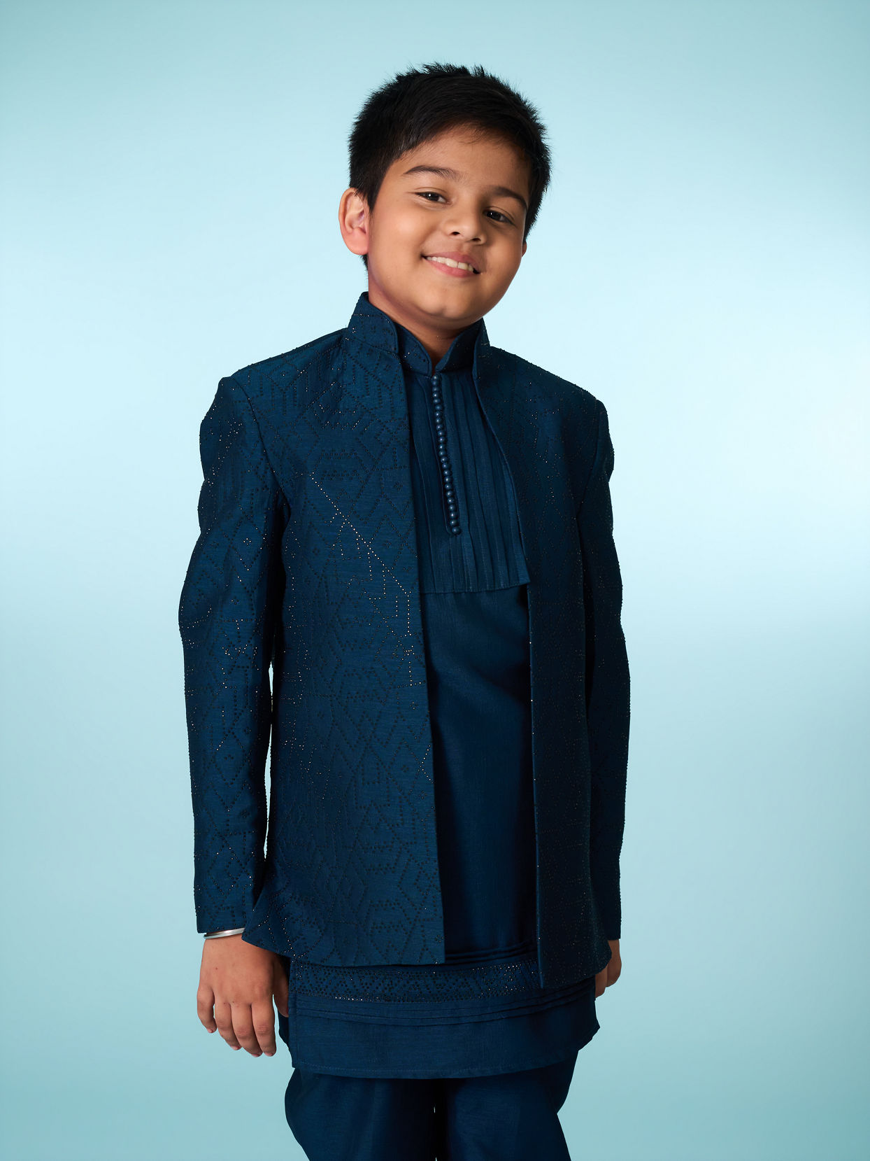 Manyavar Boys Teal Blue Indo Western Ensemble