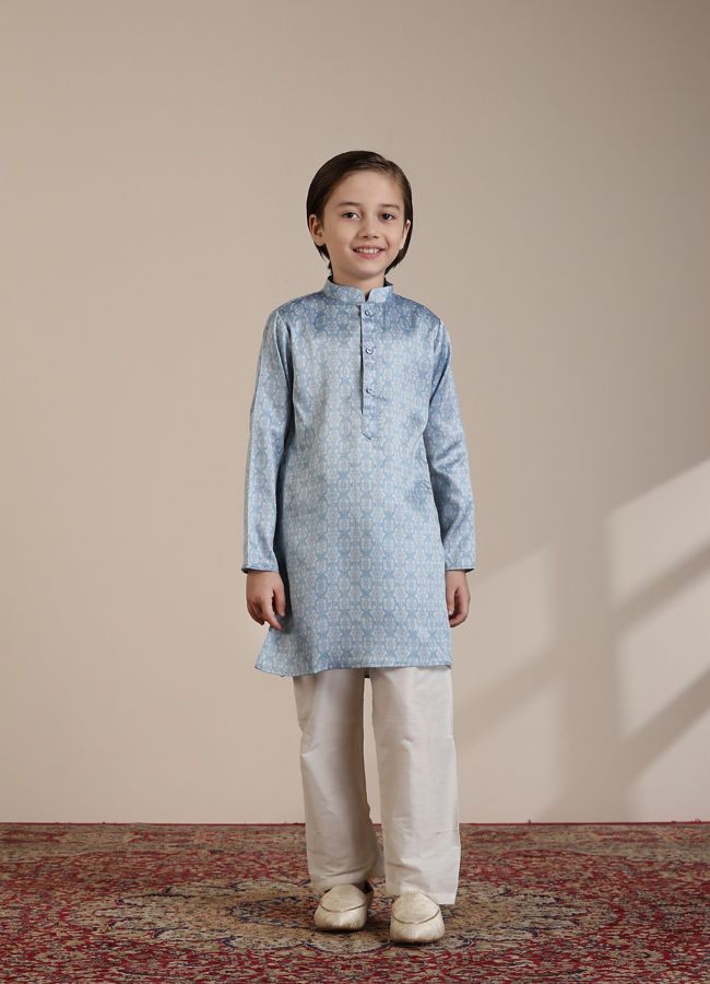 Manyavar Boys Boys Light Blue Diamond Patterned Angrakha Style Jacket Set