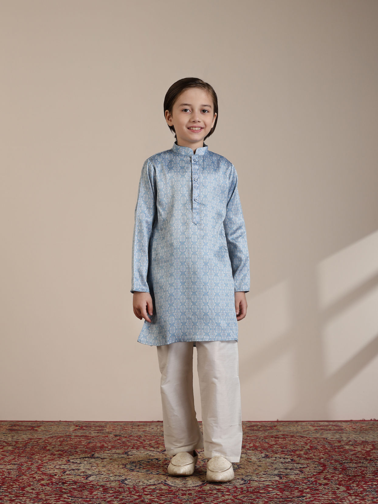 Manyavar Boys Boys Light Blue Diamond Patterned Angrakha Style Jacket Set