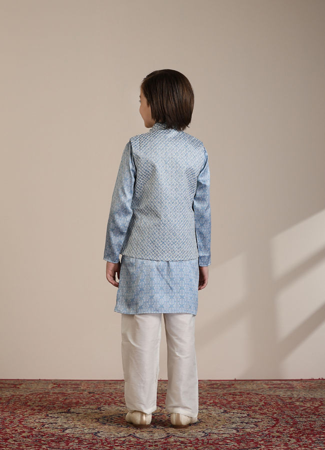 Manyavar Boys Boys Light Blue Diamond Patterned Angrakha Style Jacket Set