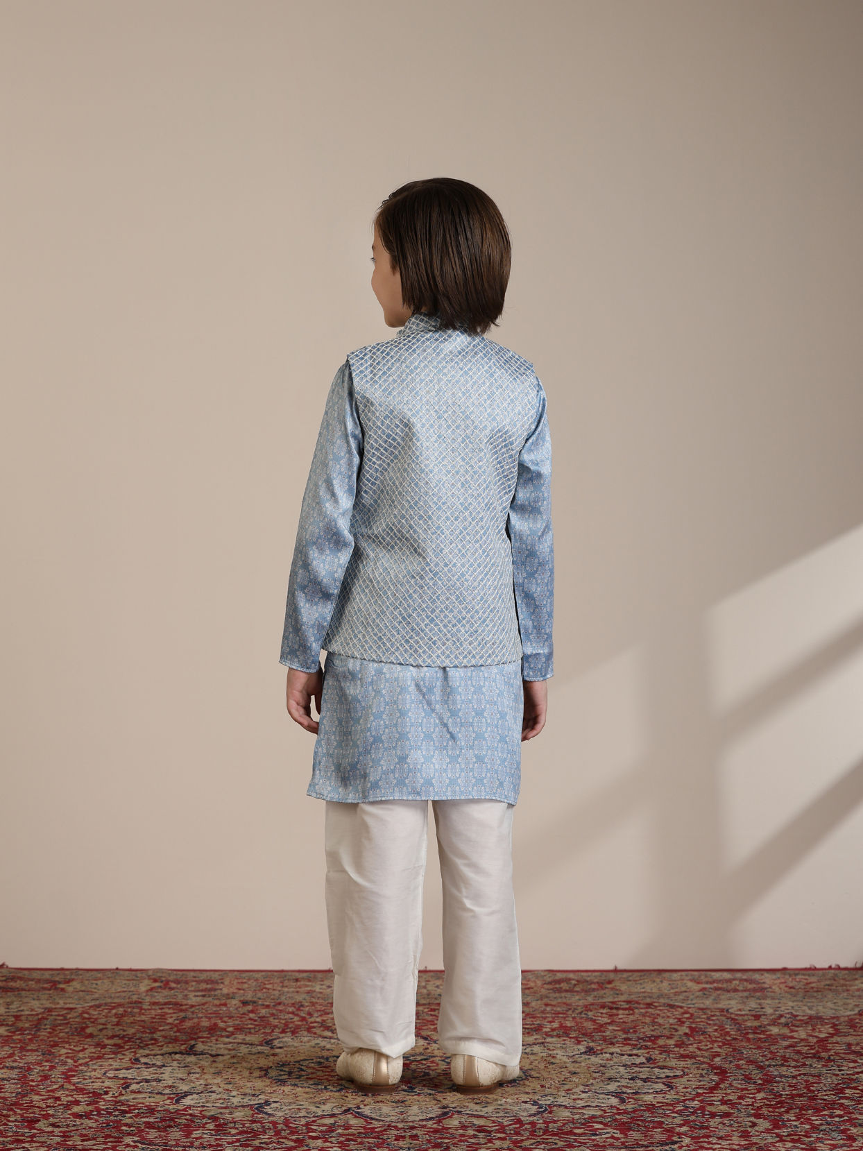 Manyavar Boys Boys Light Blue Diamond Patterned Angrakha Style Jacket Set