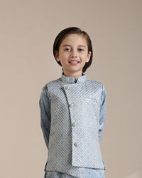 Manyavar Boys Boys Light Blue Diamond Patterned Angrakha Style Jacket Set