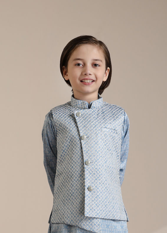 Manyavar Boys Boys Light Blue Diamond Patterned Angrakha Style Jacket Set