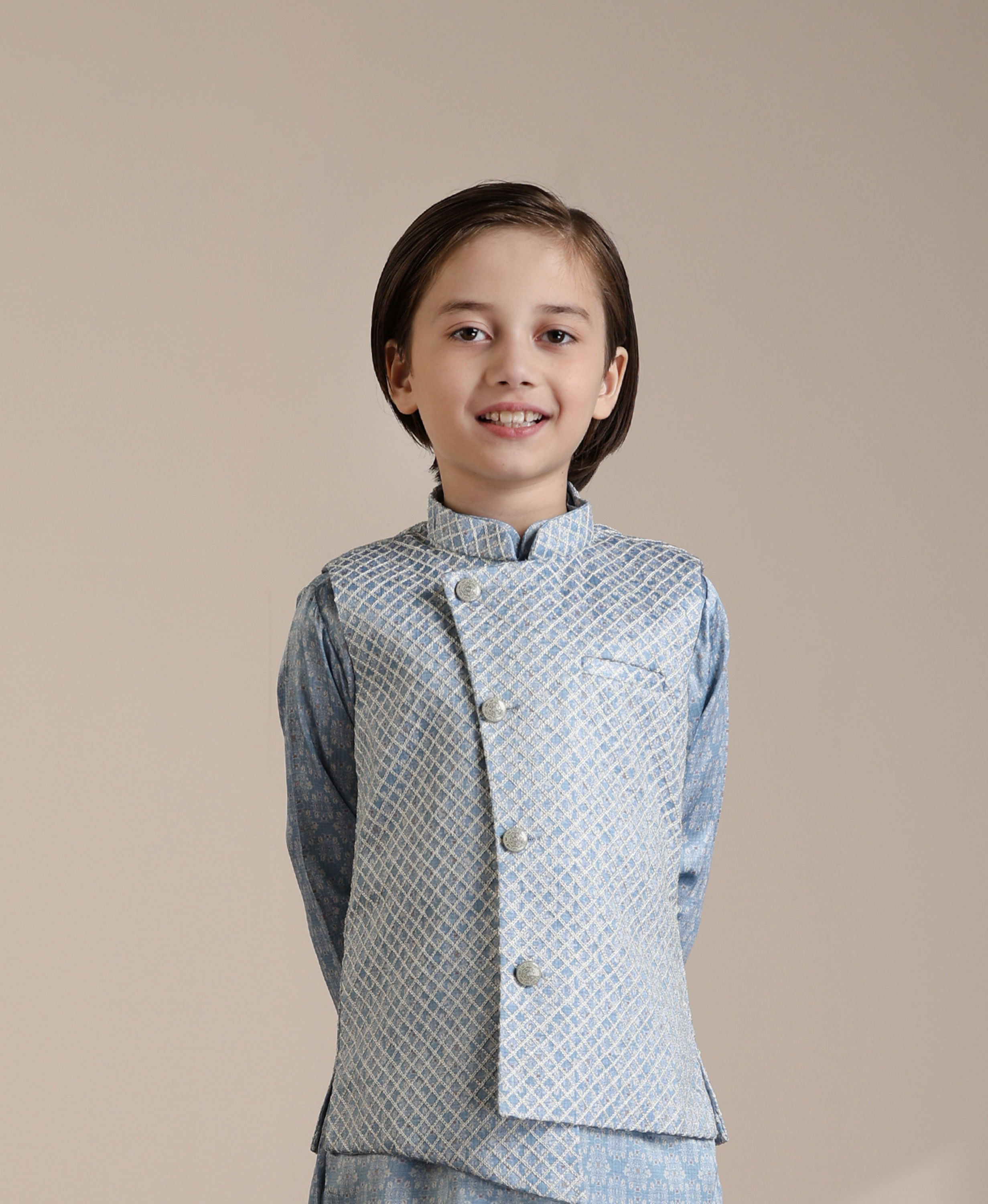 Manyavar Boys Boys Light Blue Diamond Patterned Angrakha Style Jacket Set