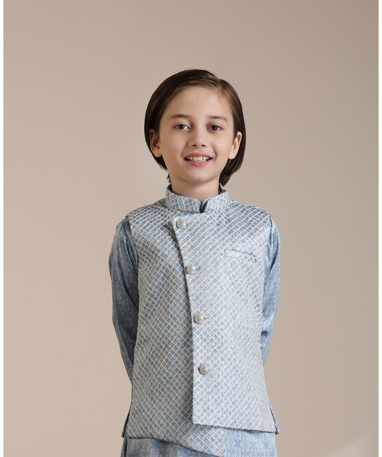 Manyavar Boys Boys Light Blue Diamond Patterned Angrakha Style Jacket Set image number 0