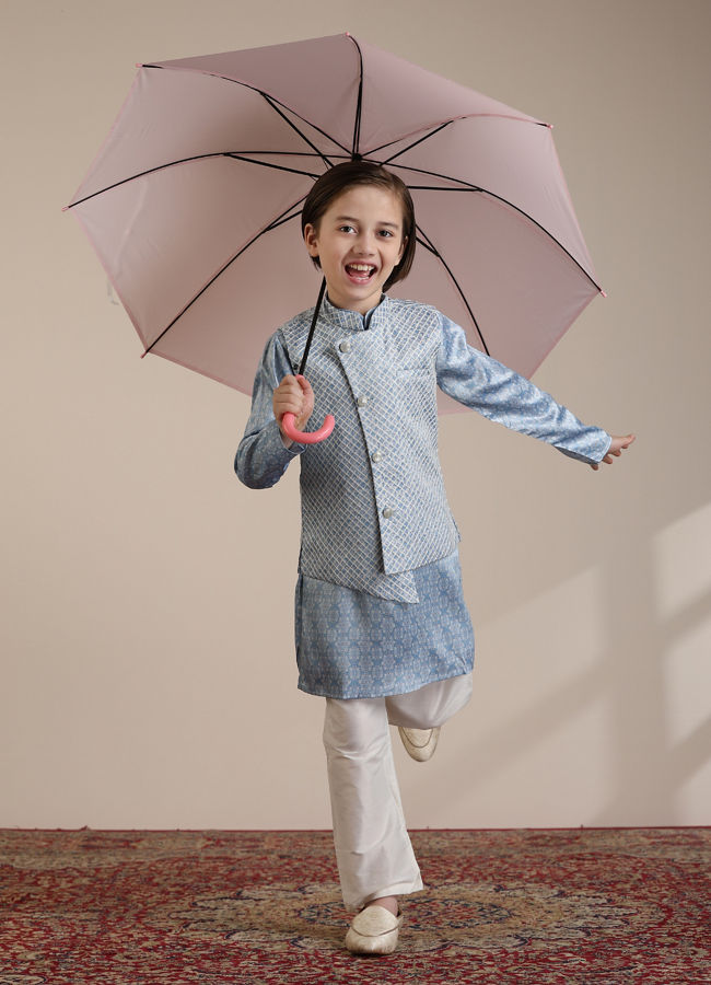 Manyavar Boys Boys Light Blue Diamond Patterned Angrakha Style Jacket Set