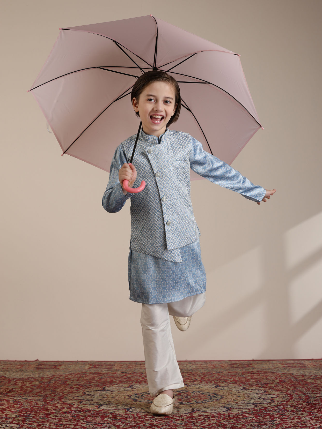 Manyavar Boys Boys Light Blue Diamond Patterned Angrakha Style Jacket Set