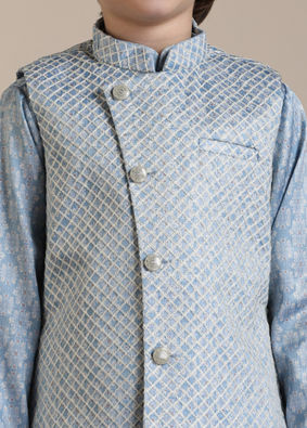 Manyavar Boys Boys Light Blue Diamond Patterned Angrakha Style Jacket Set image number 1