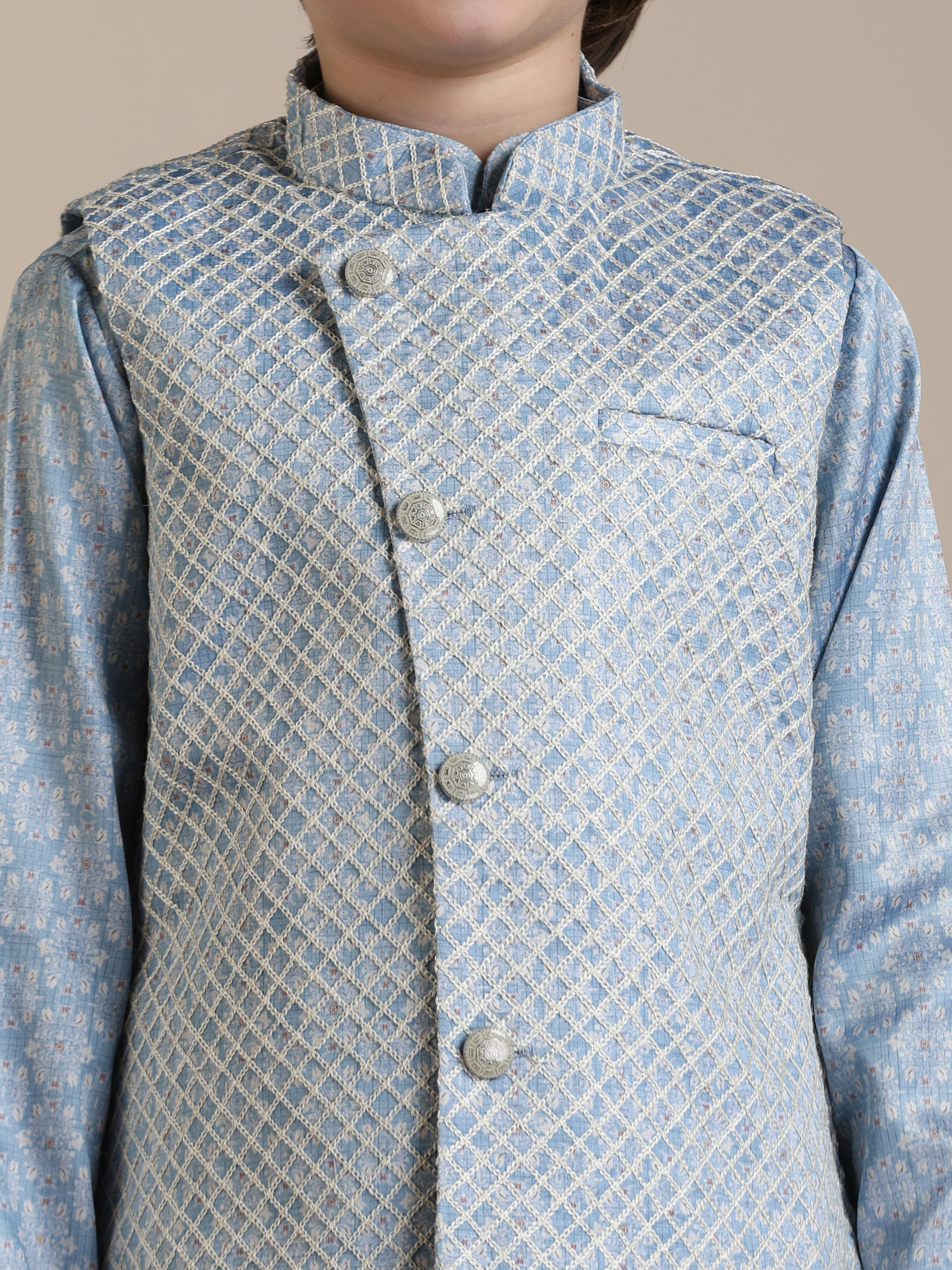 Manyavar Boys Boys Light Blue Diamond Patterned Angrakha Style Jacket Set