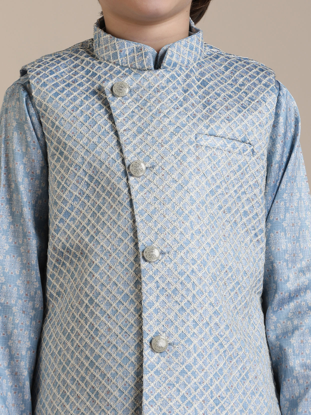 Manyavar Boys Boys Light Blue Diamond Patterned Angrakha Style Jacket Set image number 1