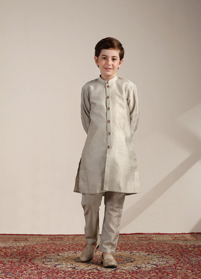 alt message - Manyavar Boys Boys Pistachio Floral and Diamond Patterned Jacket Set image number 2