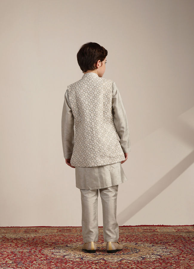 Manyavar Boys Boys Pistachio Floral and Diamond Patterned Jacket Set