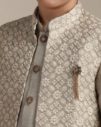 Manyavar Boys Boys Pistachio Floral and Diamond Patterned Jacket Set