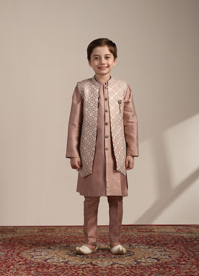 Manyavar Boys Boys Rose Gold Pintuck Detailed Jacket Set
