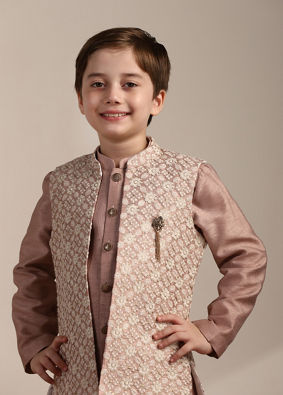 alt message - Manyavar Boys Boys Rose Gold Pintuck Detailed Jacket Set image number 0