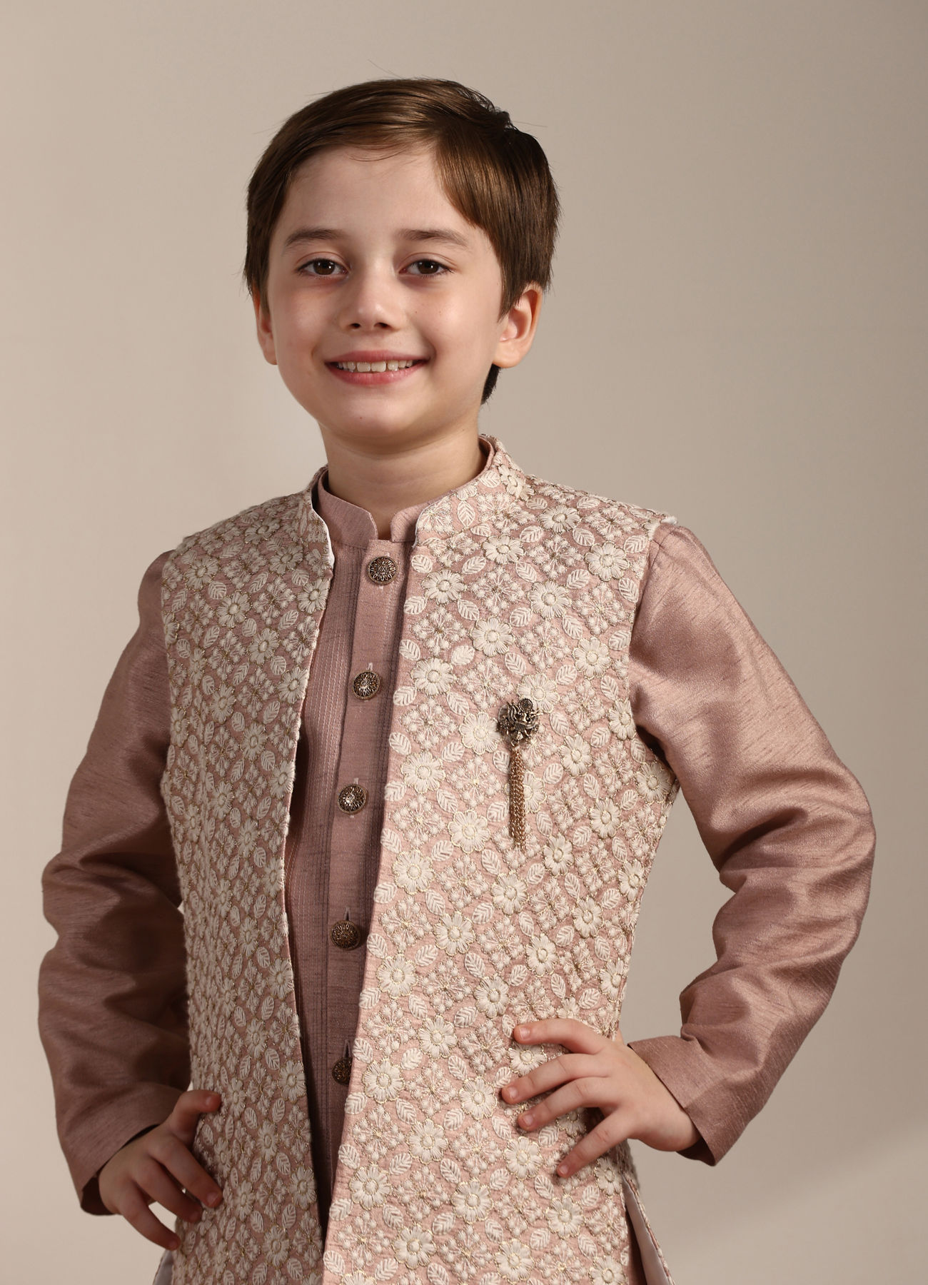 Manyavar Boys Boys Rose Gold Pintuck Detailed Jacket Set