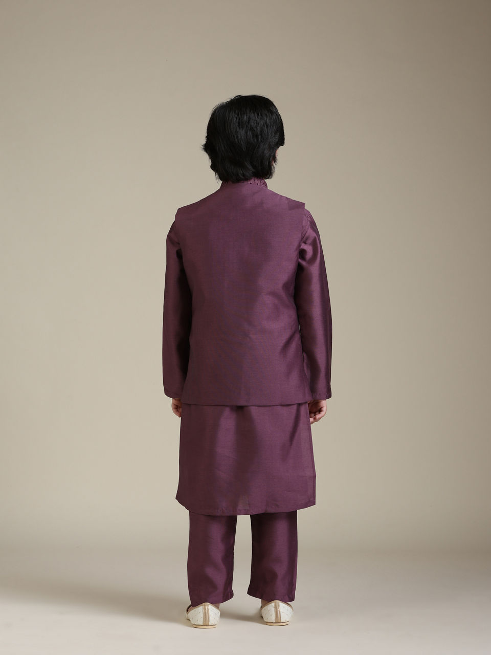 Manyavar Boys Boys Damson Purple Lattice Patterned Jacket Set with Sequin Work