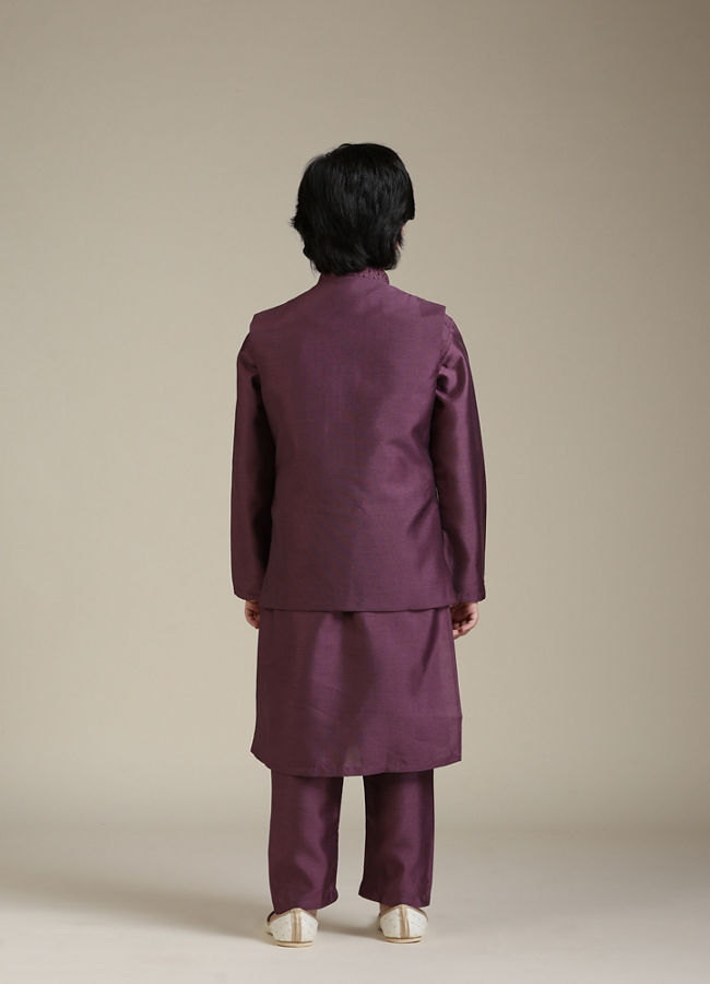 Manyavar Boys Boys Damson Purple Lattice Patterned Jacket Set with Sequin Work