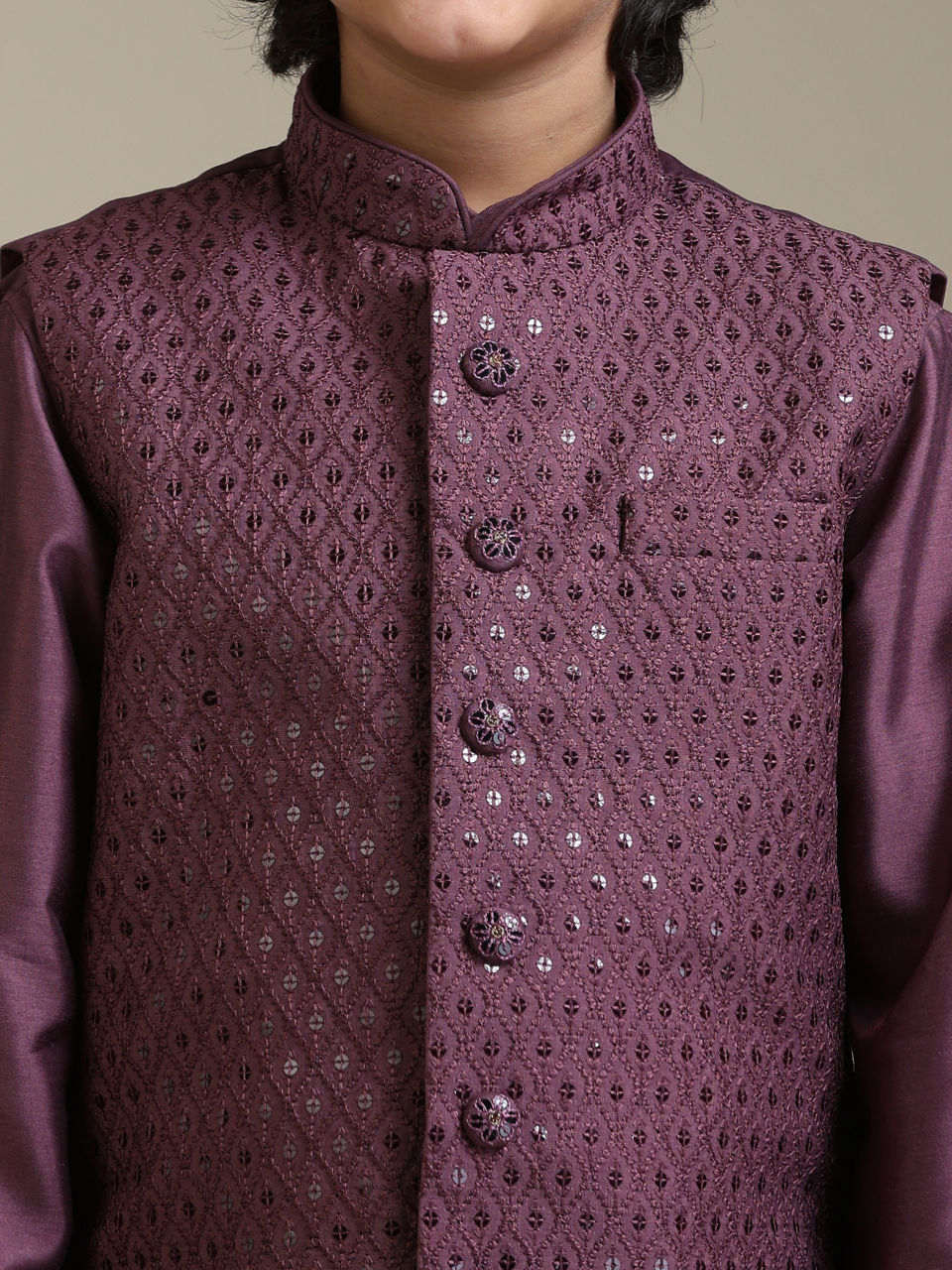 Manyavar Boys Boys Damson Purple Lattice Patterned Jacket Set with Sequin Work