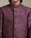 Manyavar Boys Boys Damson Purple Lattice Patterned Jacket Set with Sequin Work