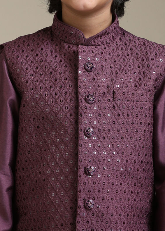 Manyavar Boys Boys Damson Purple Lattice Patterned Jacket Set with Sequin Work