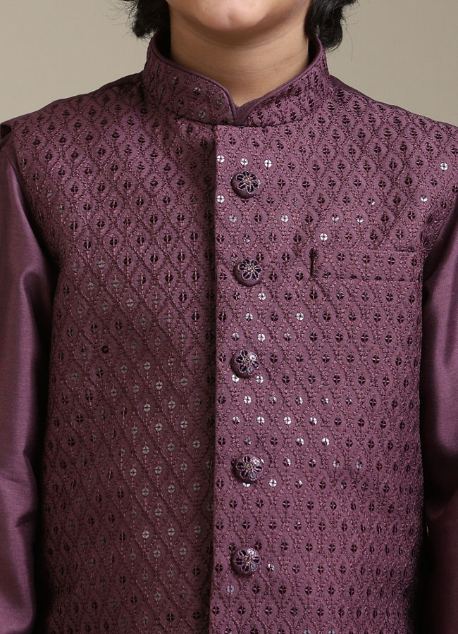 alt message - Manyavar Boys Boys Damson Purple Lattice Patterned Jacket Set image number 1