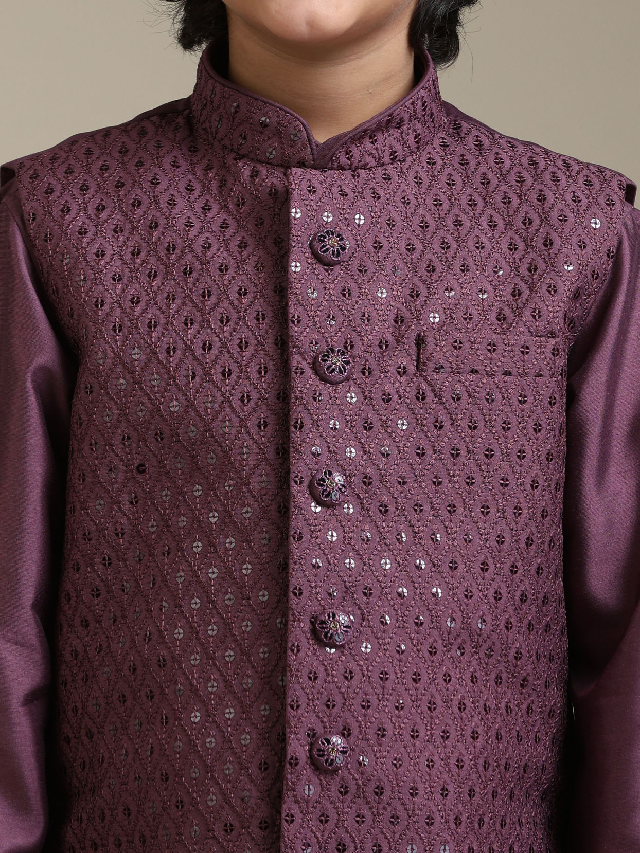 alt message - Manyavar Boys Boys Damson Purple Lattice Patterned Jacket Set image number 1