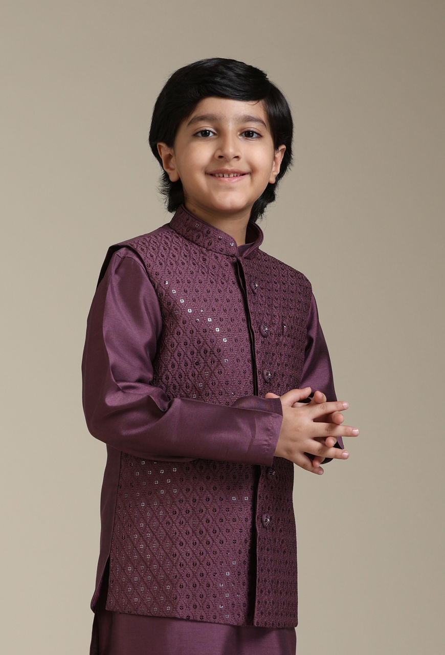 Manyavar Boys Boys Damson Purple Lattice Patterned Jacket Set with Sequin Work