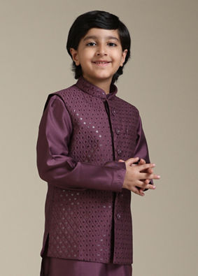 Manyavar Boys Boys Damson Purple Lattice Patterned Jacket Set with Sequin Work