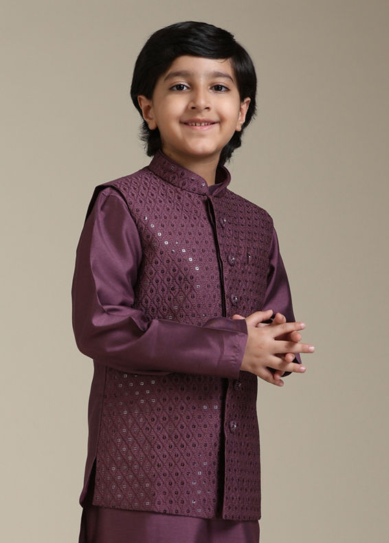 Manyavar Boys Boys Damson Purple Lattice Patterned Jacket Set with Sequin Work