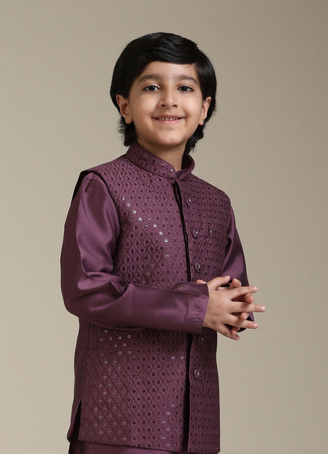Manyavar Boys Boys Damson Purple Lattice Patterned Jacket Set with Sequin Work