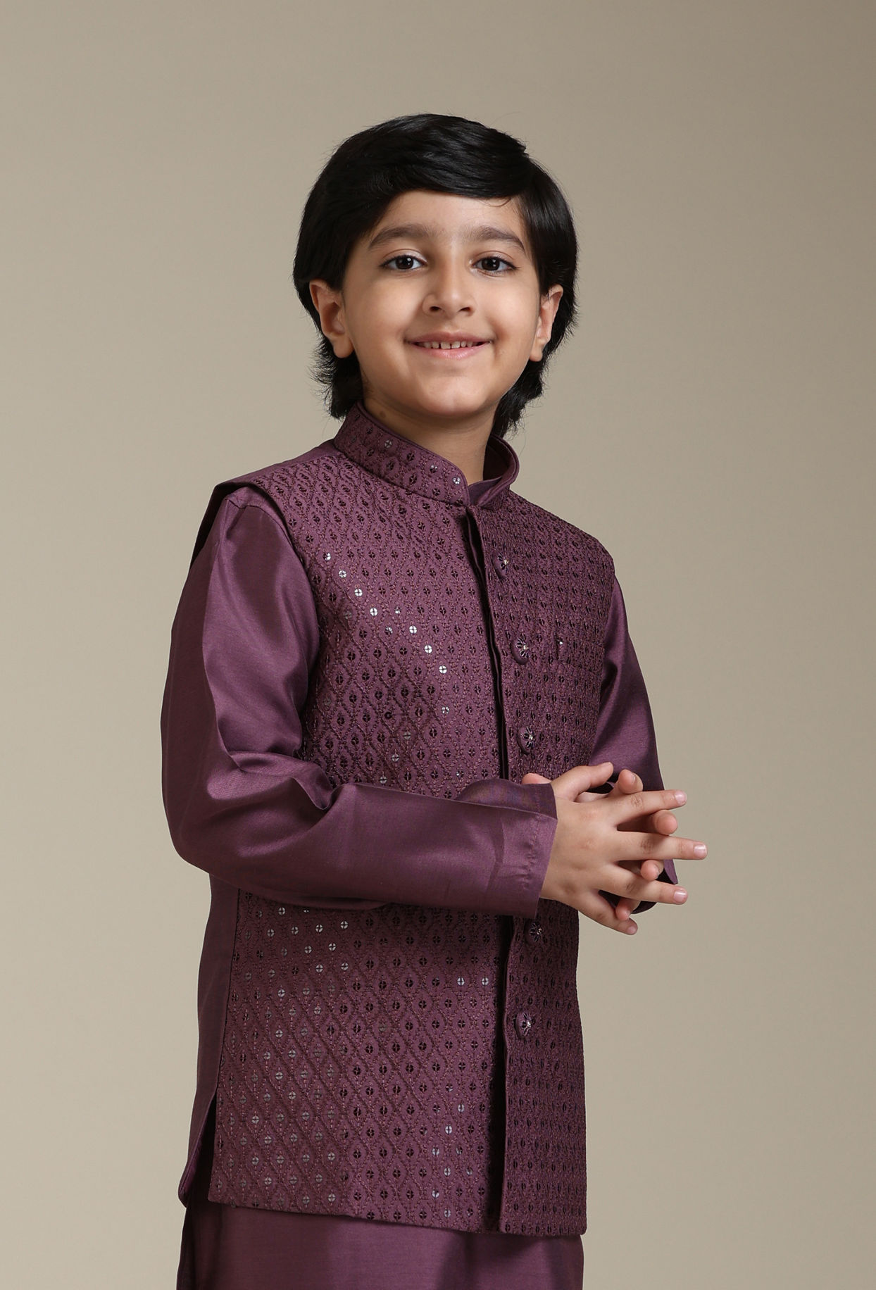 alt message - Manyavar Boys Boys Damson Purple Lattice Patterned Jacket Set image number 0