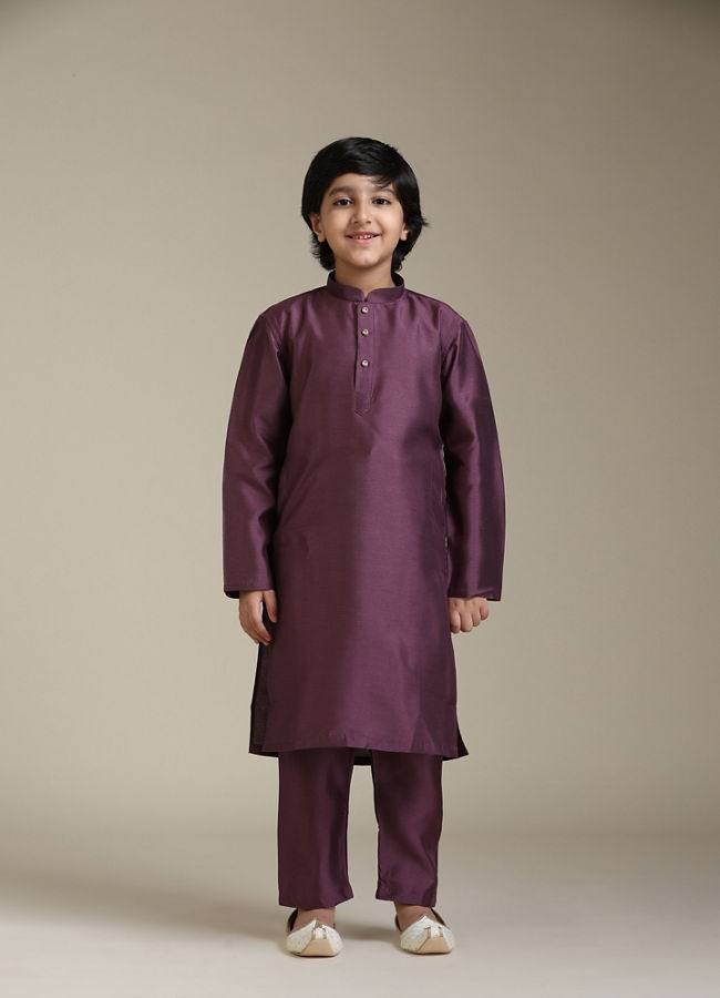 Manyavar Boys Boys Damson Purple Lattice Patterned Jacket Set with Sequin Work
