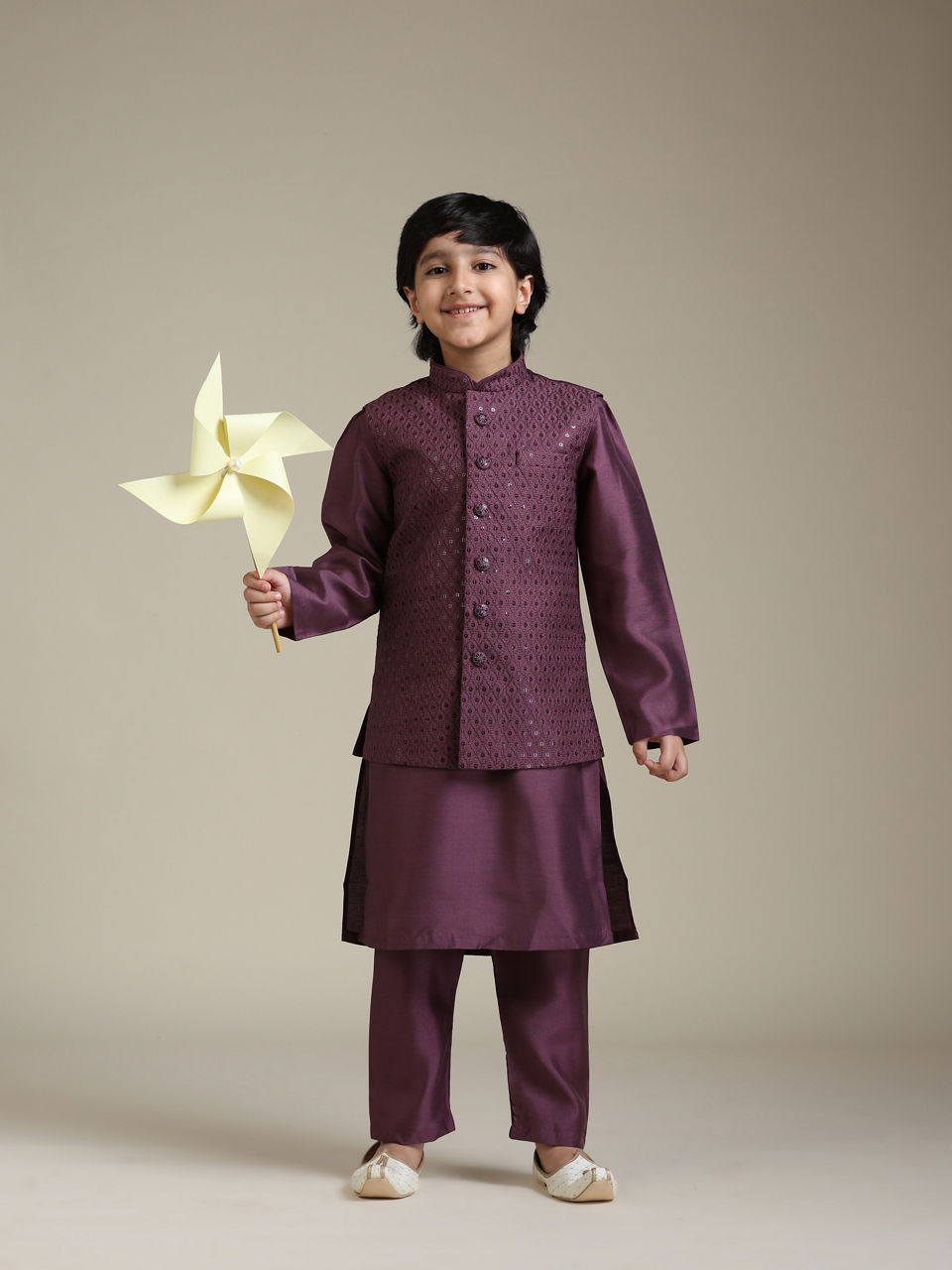Manyavar Boys Boys Damson Purple Lattice Patterned Jacket Set with Sequin Work
