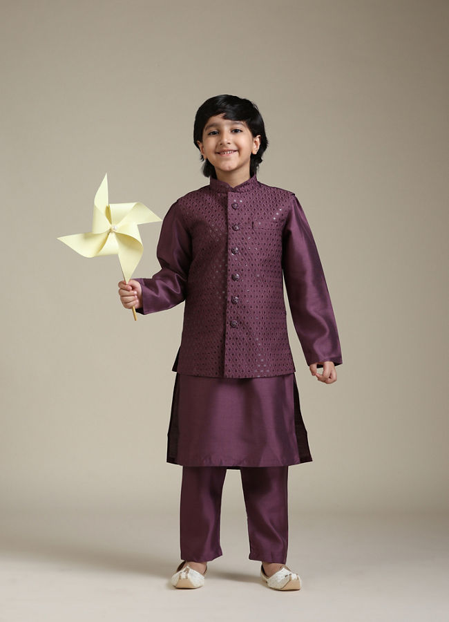 Manyavar Boys Boys Damson Purple Lattice Patterned Jacket Set with Sequin Work