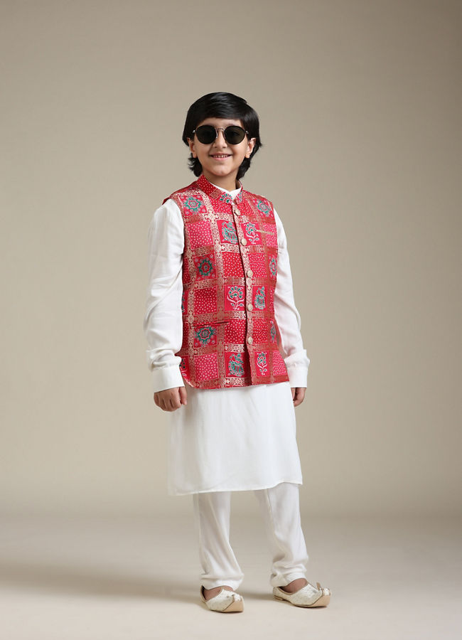 Manyavar Boys Boys Damson Purple Lattice Patterned Jacket Set