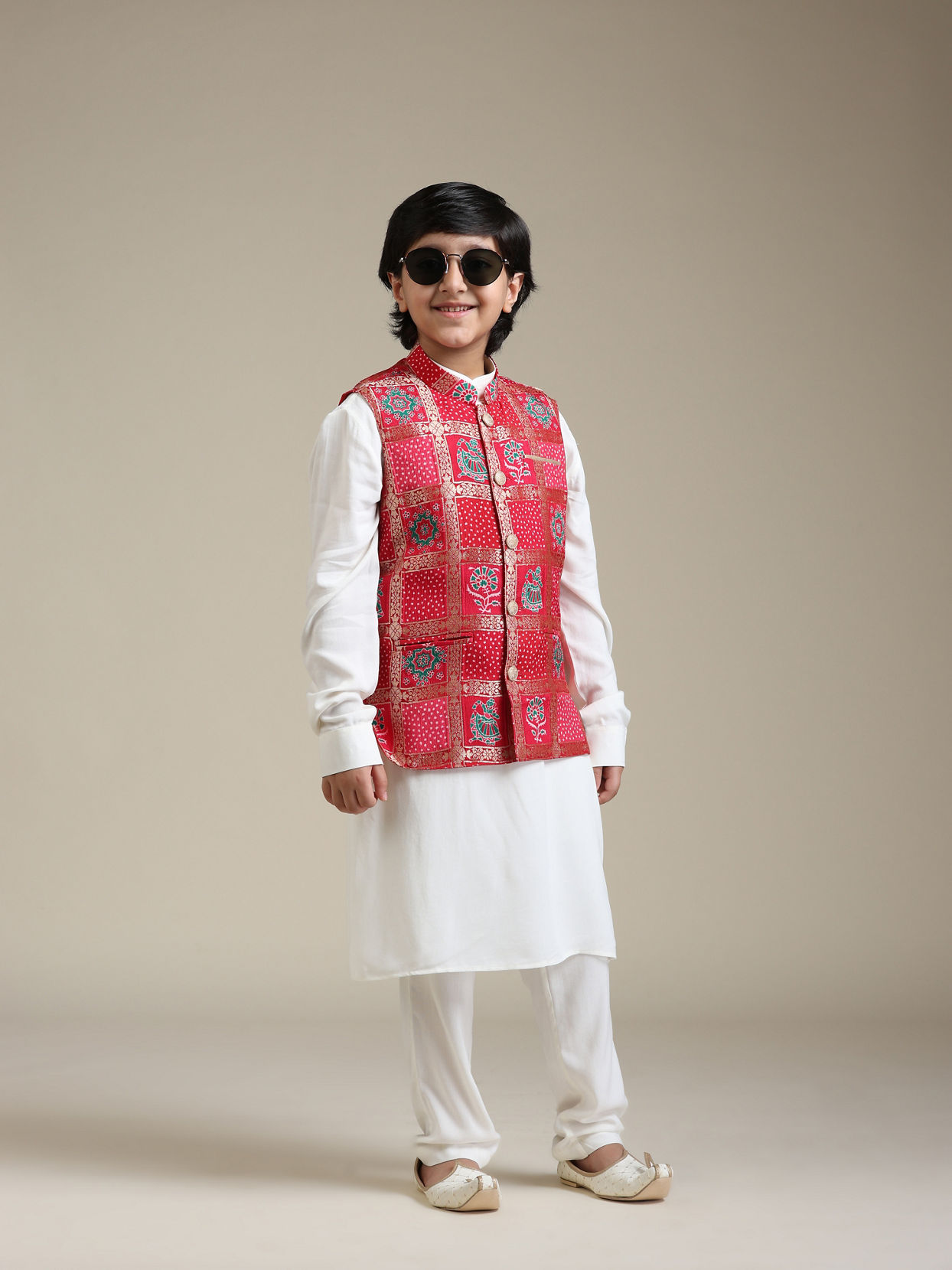 Manyavar Boys Boys Damson Purple Lattice Patterned Jacket Set