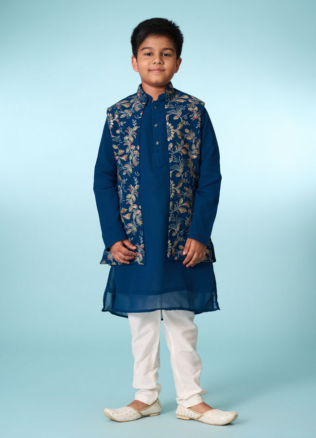 Manyavar Boys Graceful Blue Kurta Jacket Set