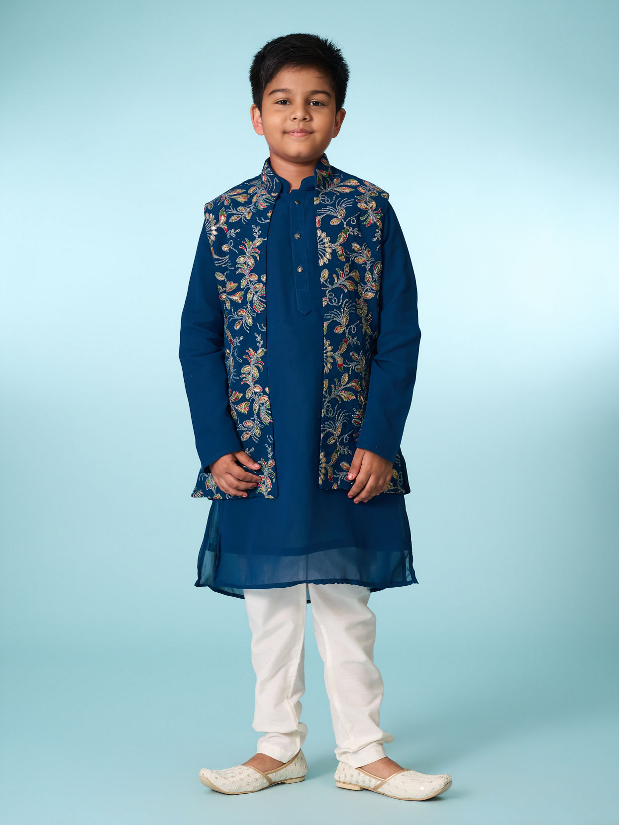 Manyavar Boys Graceful Blue Kurta Jacket Set