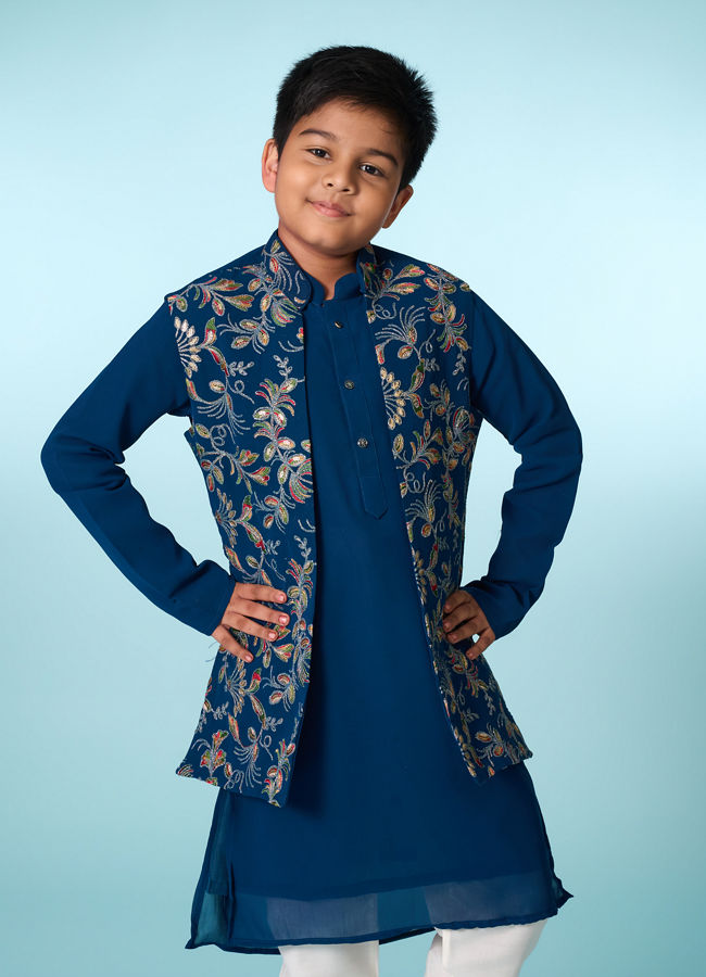 Manyavar Boys Graceful Blue Kurta Jacket Set