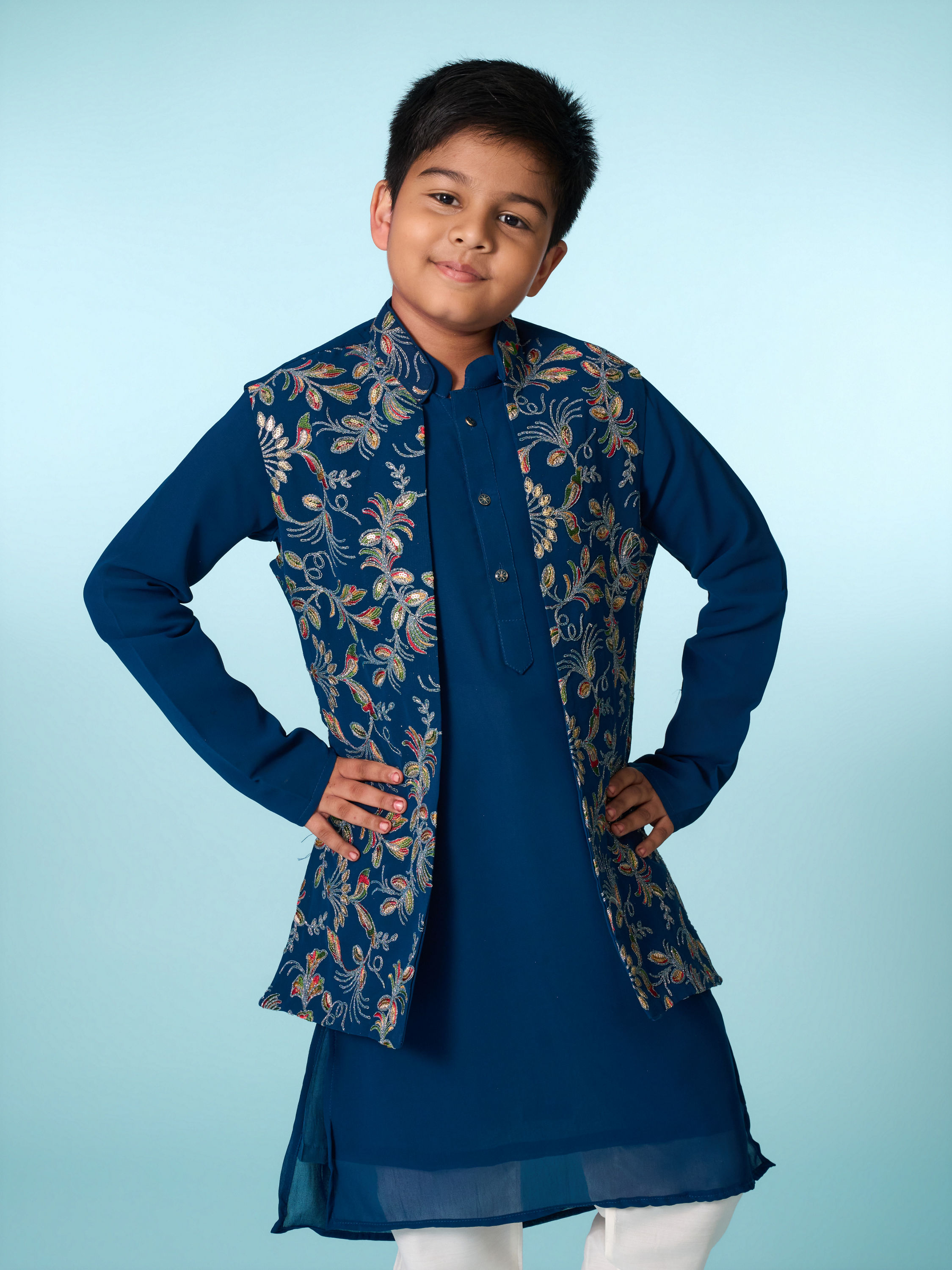 Manyavar Boys Graceful Blue Kurta Jacket Set