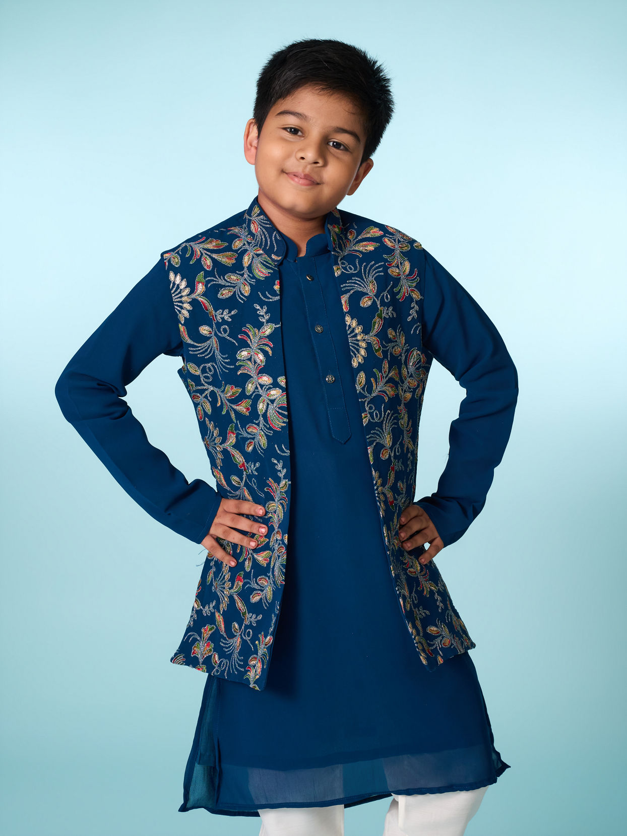 Manyavar Boys Graceful Blue Kurta Jacket Set