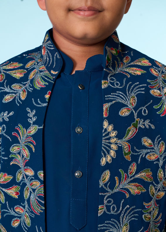 Manyavar Boys Graceful Blue Kurta Jacket Set