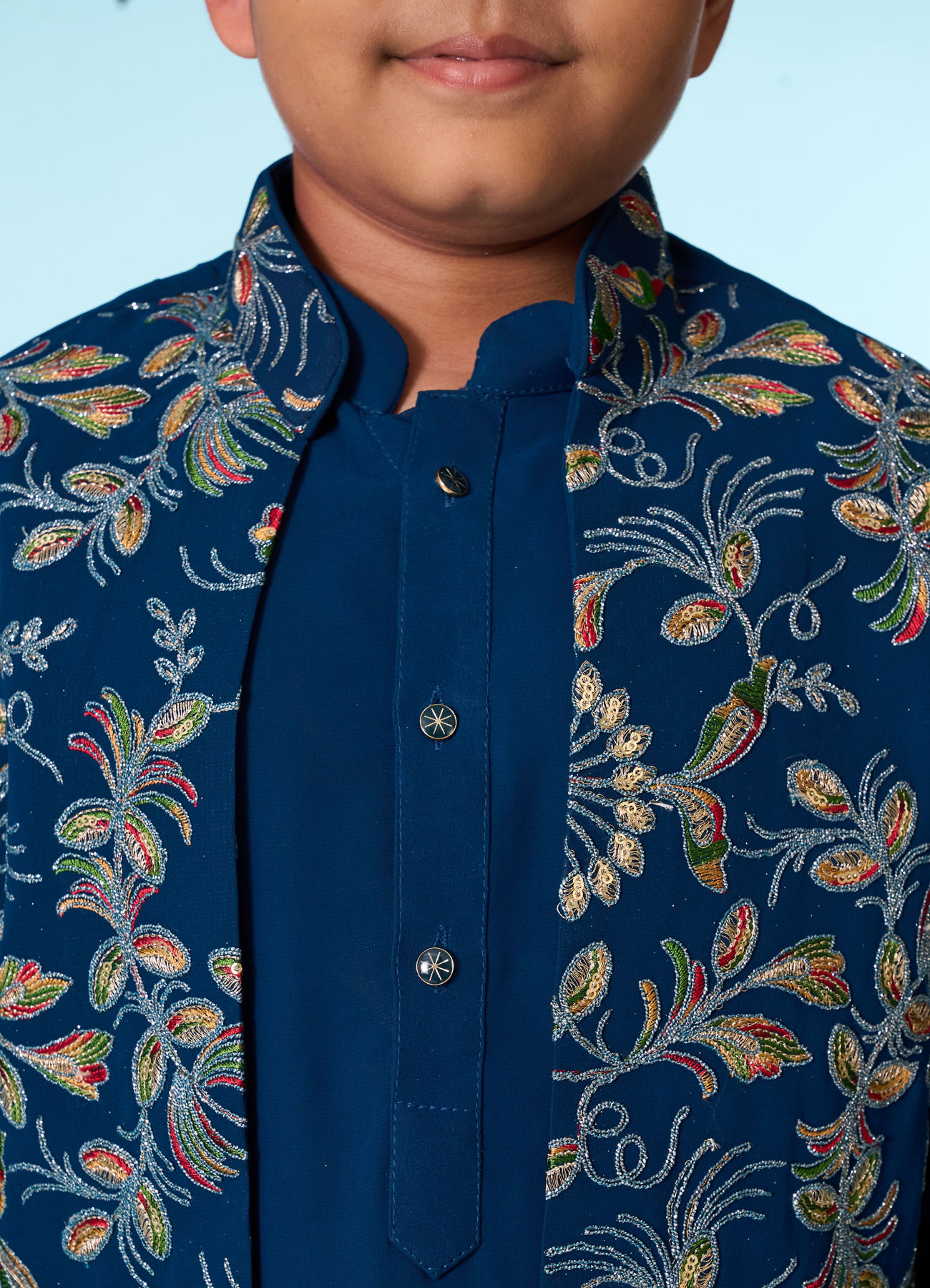 Manyavar Boys Graceful Blue Kurta Jacket Set