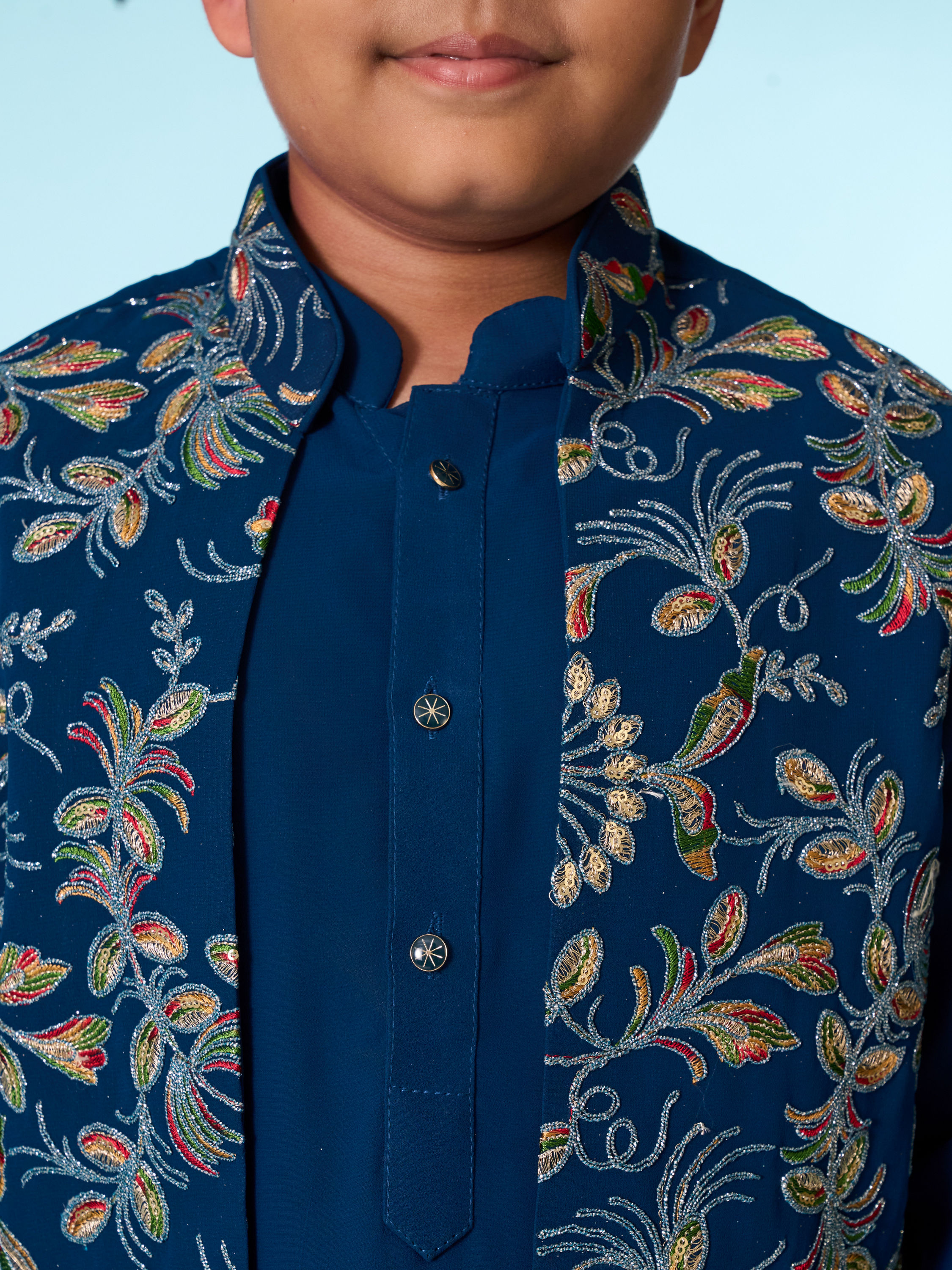 Manyavar Boys Graceful Blue Kurta Jacket Set