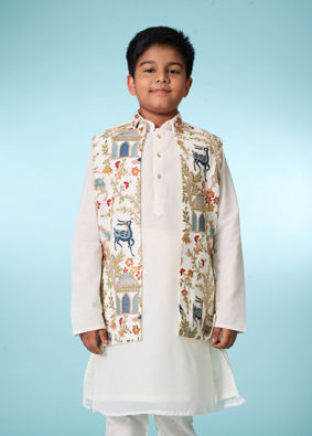 Manyavar Boys Cream Elegance Kurta Jacket Set
